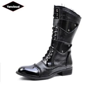 Gothic Punk Cosplay Cowboy Dance Boots for Men 2026 Spring Fall Square Heels Mid Calf Warm Soft Leather Motorcycle Boots Office