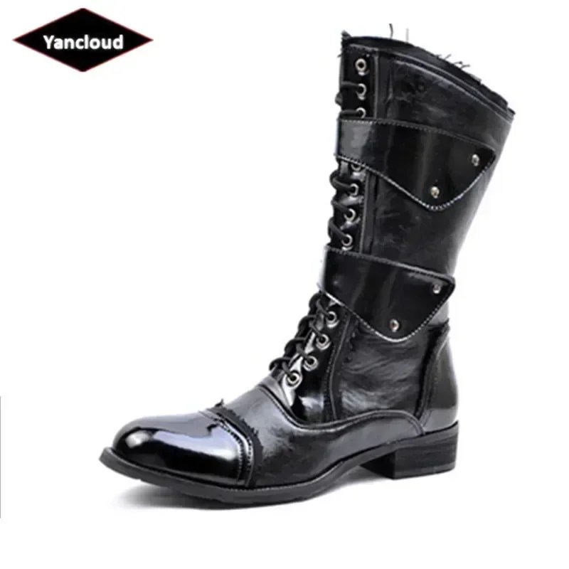 Gothic Punk Cosplay Cowboy Dance Boots for Men 2026 Spring Fall Square Heels Mid Calf Warm Soft Leather Motorcycle Boots Office