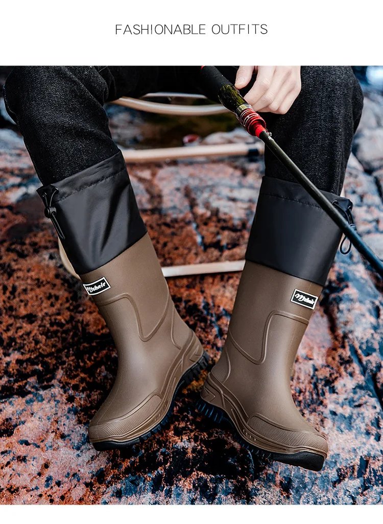 Men's Waterproof Fishing Delivery Rider Rain Boots with Durable Thick Soles, Anti-Slip Rubber Shoes