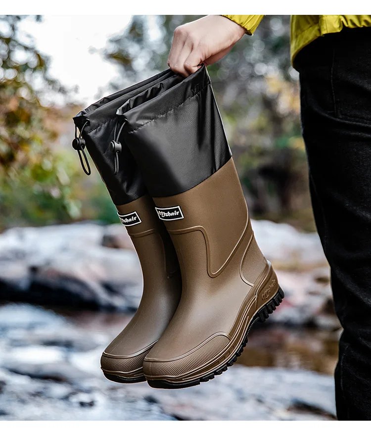 Men's Waterproof Fishing Delivery Rider Rain Boots with Durable Thick Soles, Anti-Slip Rubber Shoes