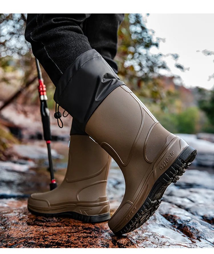 Men's Waterproof Fishing Delivery Rider Rain Boots with Durable Thick Soles, Anti-Slip Rubber Shoes