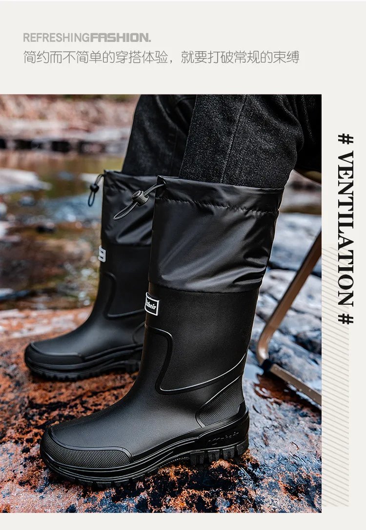 Men's Waterproof Fishing Delivery Rider Rain Boots with Durable Thick Soles, Anti-Slip Rubber Shoes