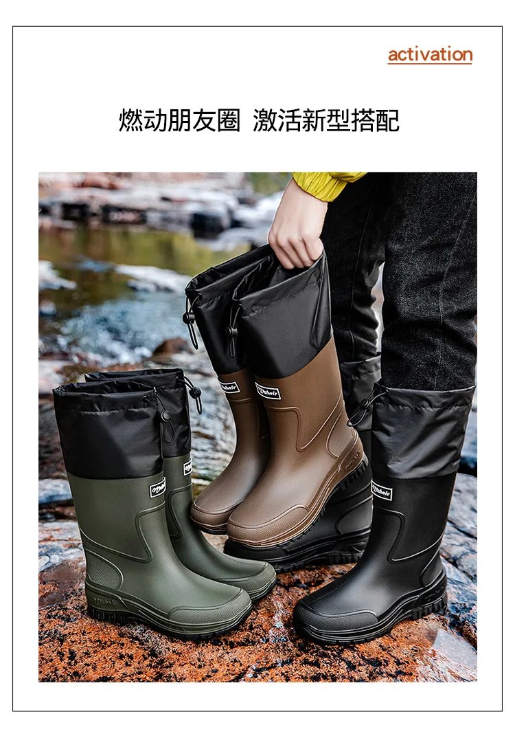 Men's Waterproof Fishing Delivery Rider Rain Boots with Durable Thick Soles, Anti-Slip Rubber Shoes
