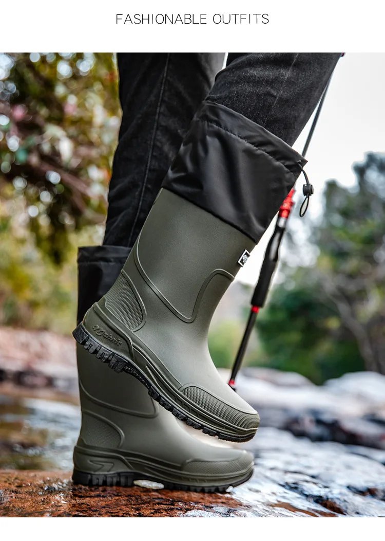 Men's Waterproof Fishing Delivery Rider Rain Boots with Durable Thick Soles, Anti-Slip Rubber Shoes