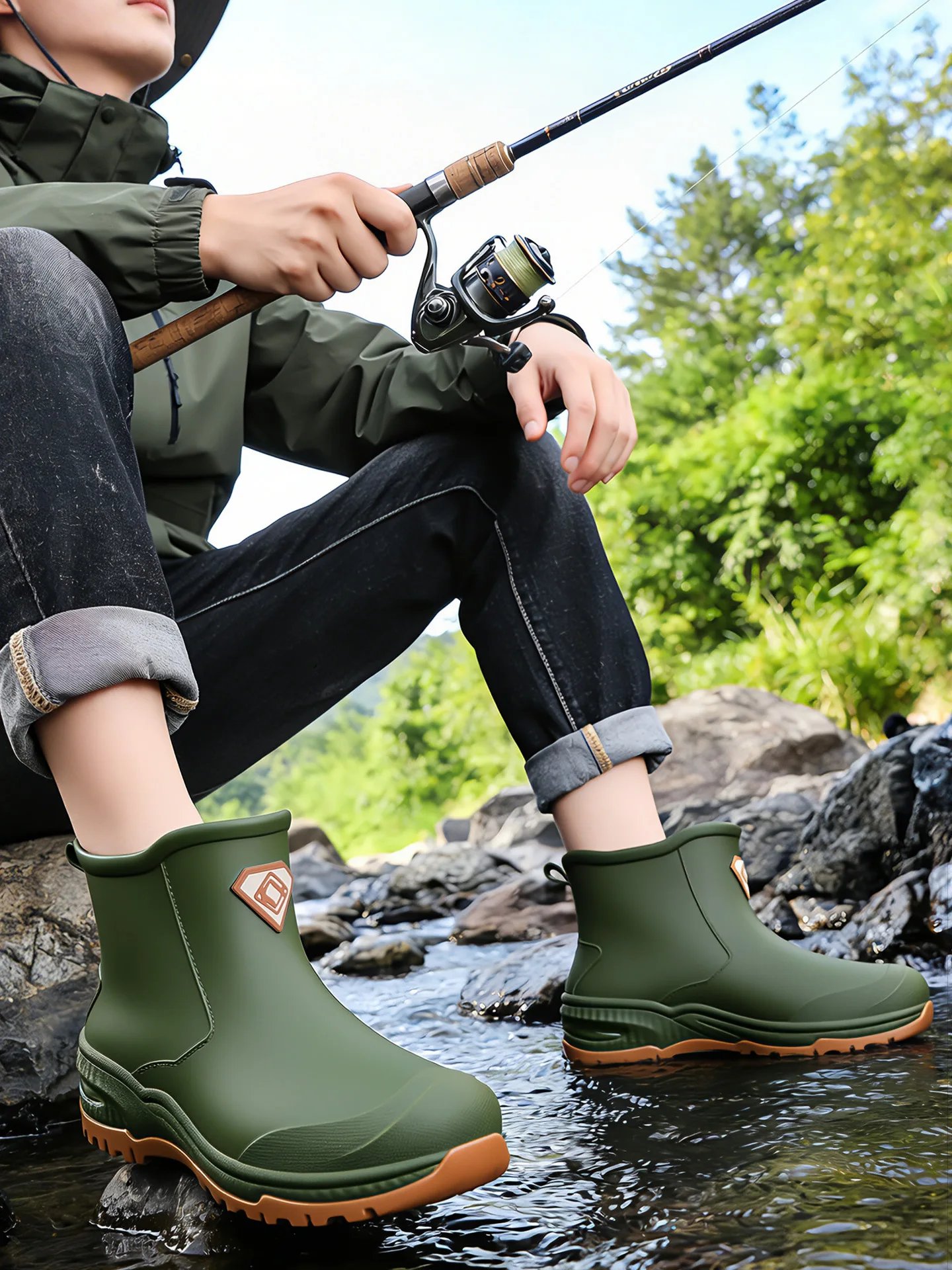 Wear resistant thick soled water boots, military green river tracing men's short boots, rain boots, waterproof men's water shoes Wear resistant thick soled water boots, military green river tracing men's short boots, rain boots, waterproof men's water shoes