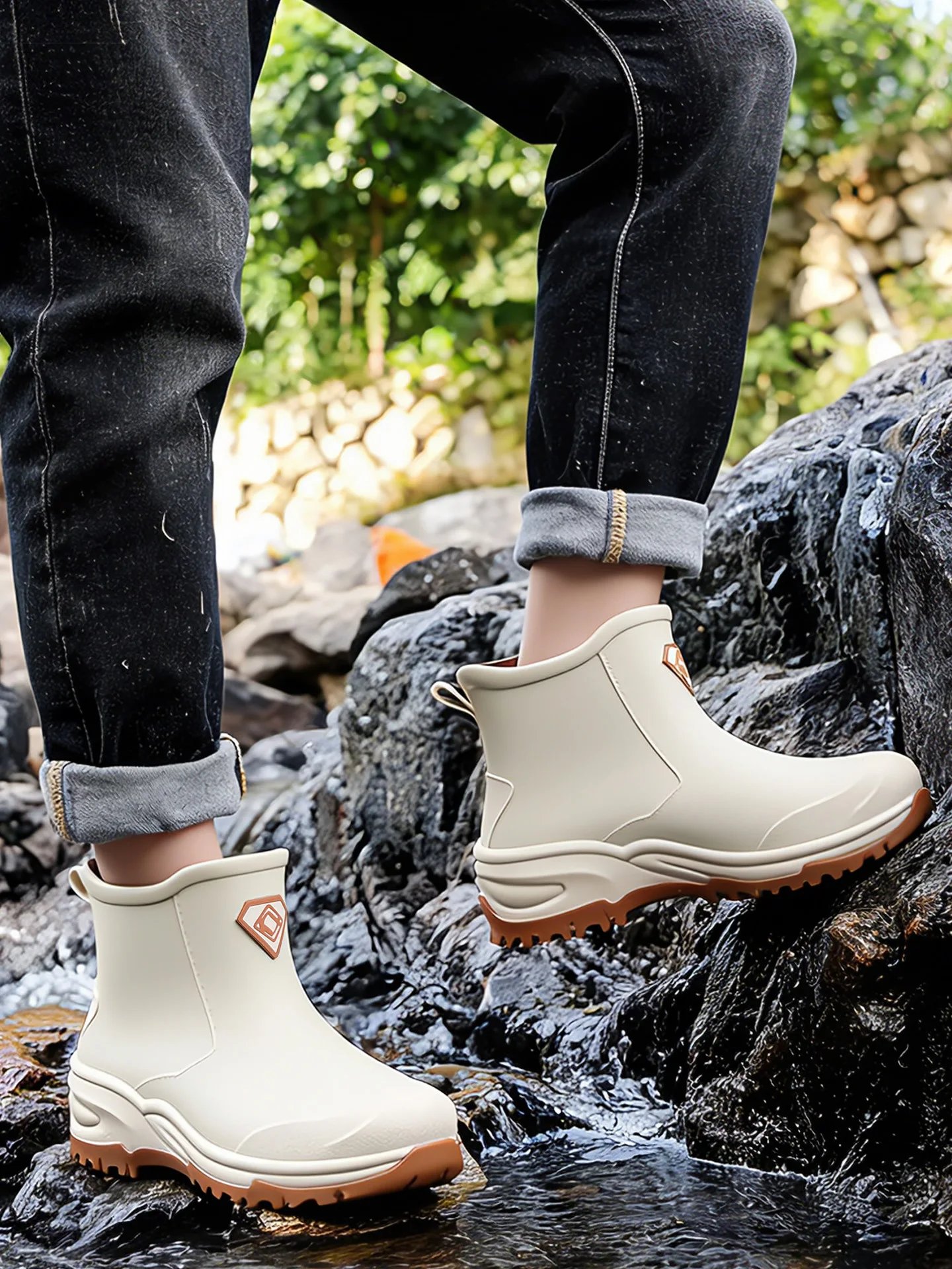 Wear resistant thick soled water boots, military green river tracing men's short boots, rain boots, waterproof men's water shoes Wear resistant thick soled water boots, military green river tracing men's short boots, rain boots, waterproof men's water shoes