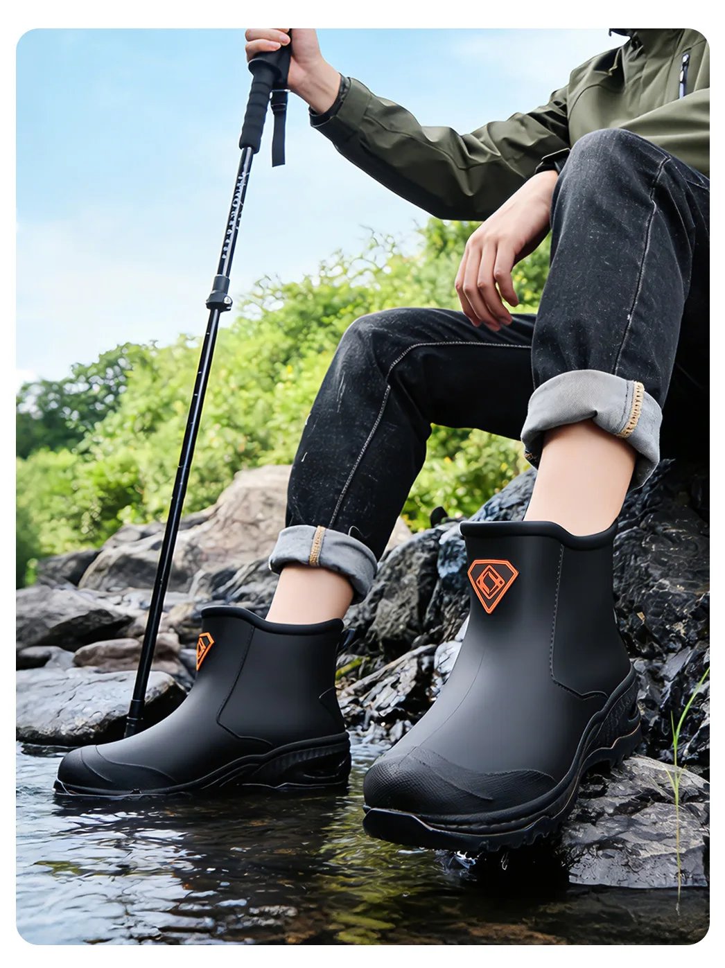 Wear resistant thick soled water boots, military green river tracing men's short boots, rain boots, waterproof men's water shoes Wear resistant thick soled water boots, military green river tracing men's short boots, rain boots, waterproof men's water shoes