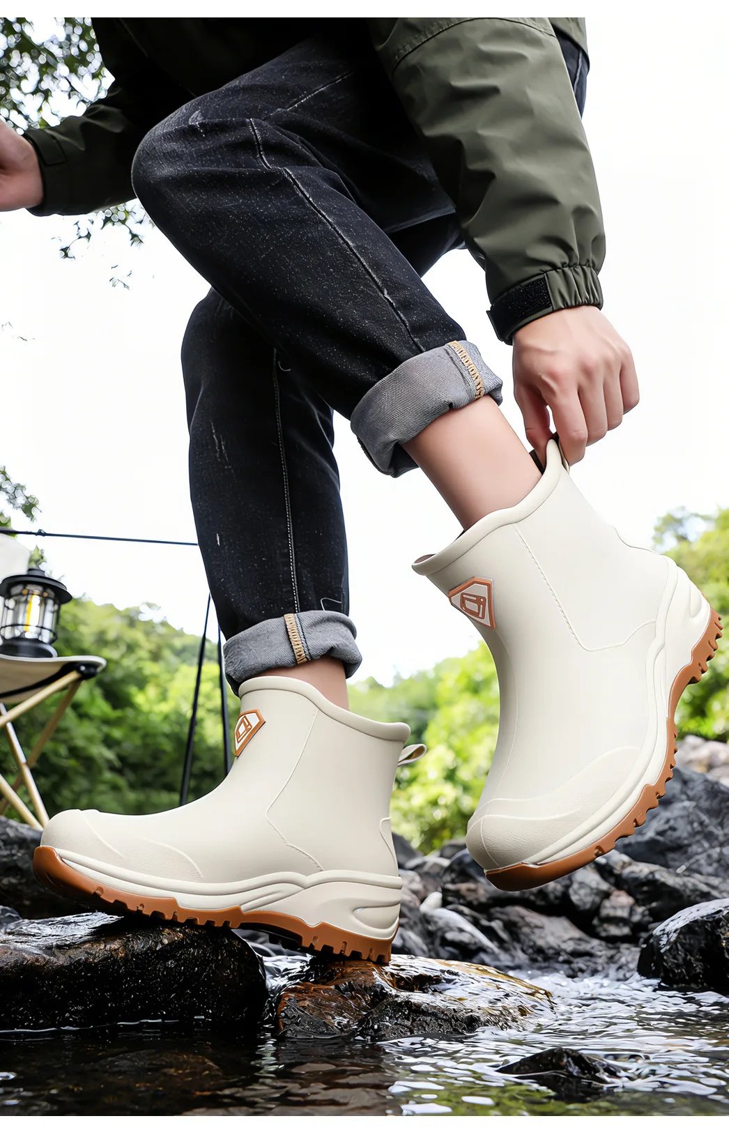 Wear resistant thick soled water boots, military green river tracing men's short boots, rain boots, waterproof men's water shoes