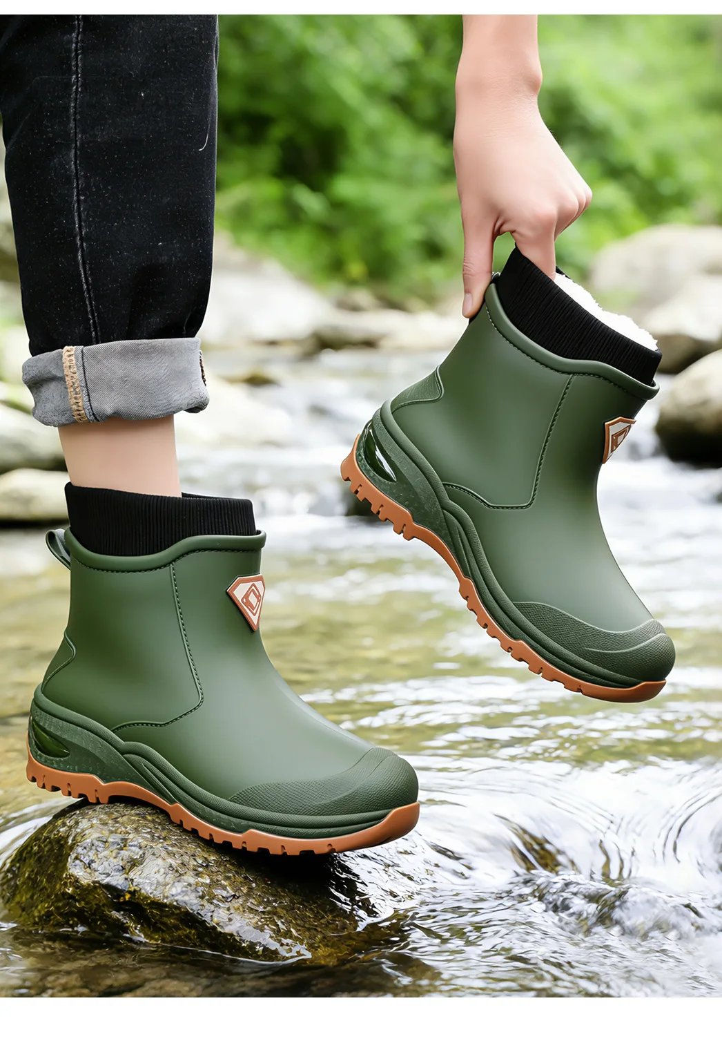 Wear resistant thick soled water boots, military green river tracing men's short boots, rain boots, waterproof men's water shoes Wear resistant thick soled water boots, military green river tracing men's short boots, rain boots, waterproof men's water shoes