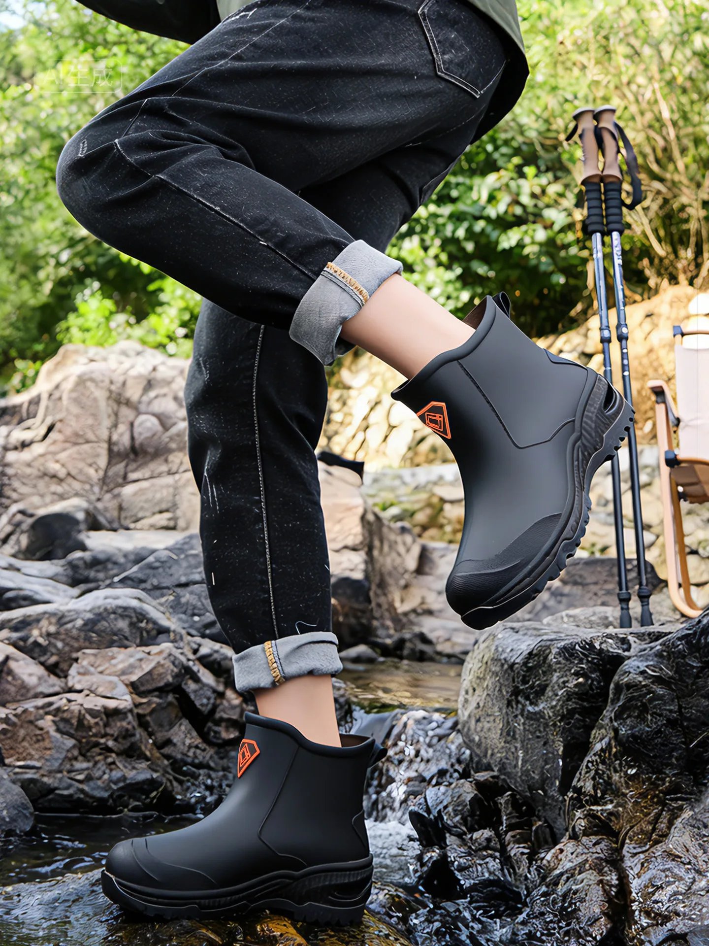Wear resistant thick soled water boots, military green river tracing men's short boots, rain boots, waterproof men's water shoes Wear resistant thick soled water boots, military green river tracing men's short boots, rain boots, waterproof men's water shoes