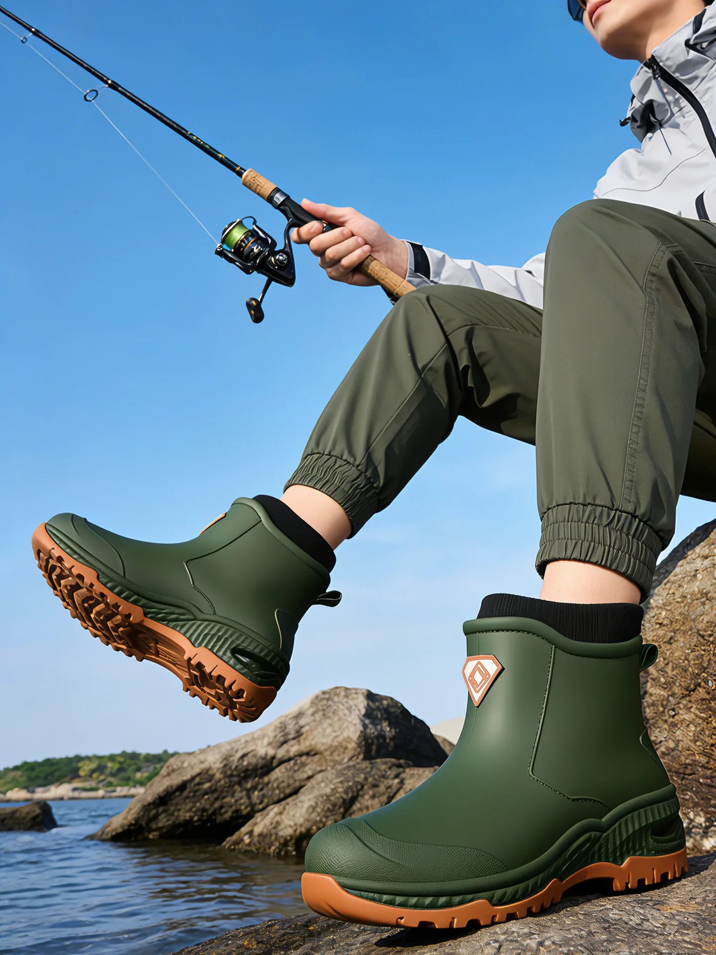 Wear resistant thick soled water boots, military green river tracing men's short boots, rain boots, waterproof men's water shoes Wear resistant thick soled water boots, military green river tracing men's short boots, rain boots, waterproof men's water shoes