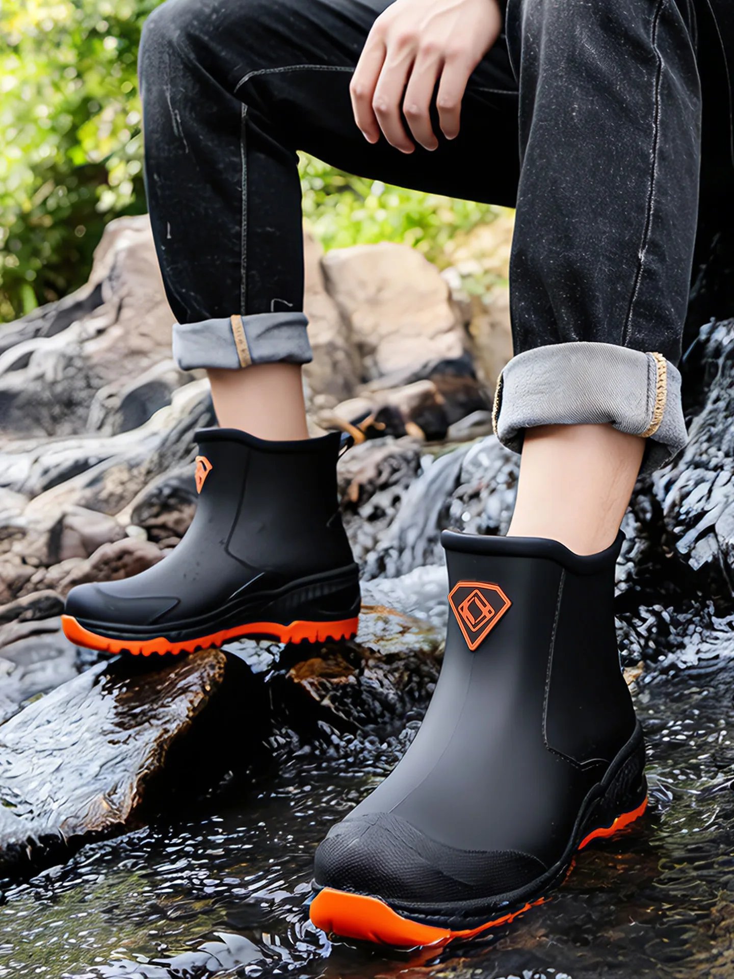 Wear resistant thick soled water boots, military green river tracing men's short boots, rain boots, waterproof men's water shoes Wear resistant thick soled water boots, military green river tracing men's short boots, rain boots, waterproof men's water shoes