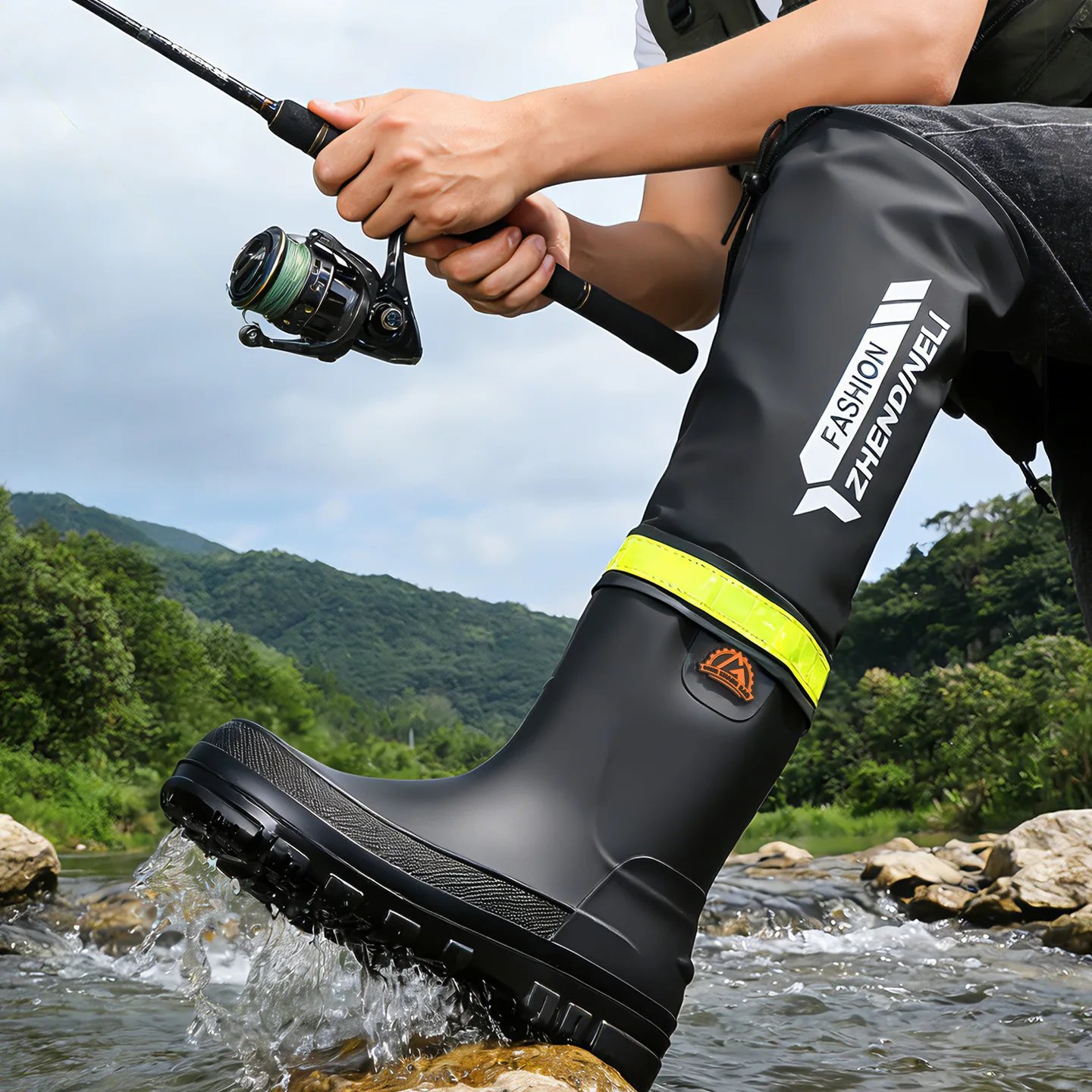YC-388 Water-Resistant Shoes Men's Mid-Calf Hollow Design Anti-Scalding Pure Color Sport Style Flat Heel Rain Boots