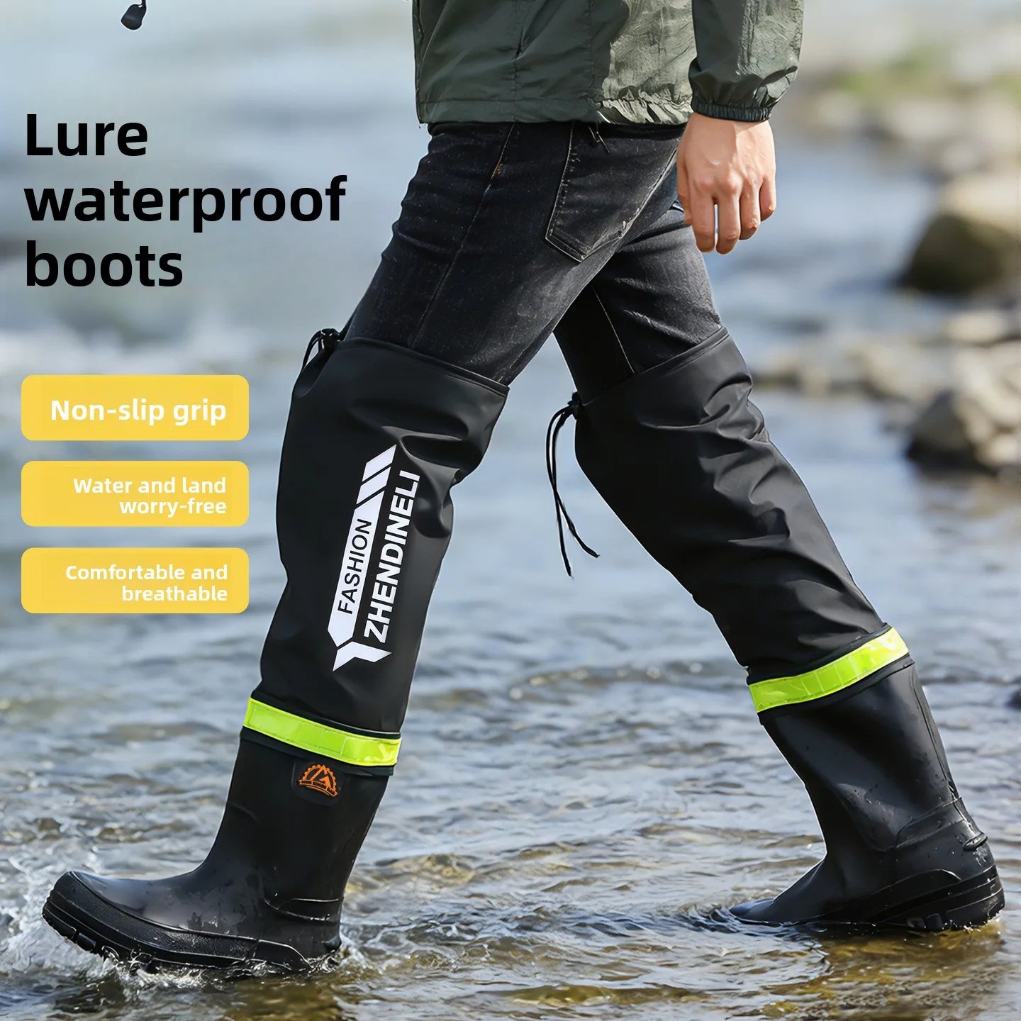 YC-388 Water-Resistant Shoes Men's Mid-Calf Hollow Design Anti-Scalding Pure Color Sport Style Flat Heel Rain Boots