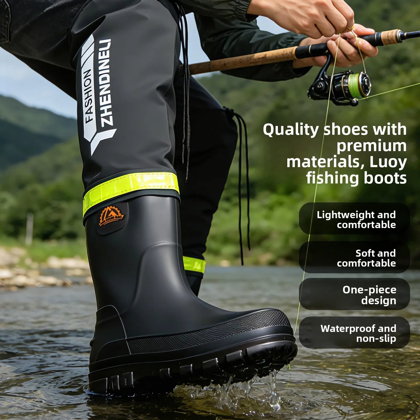 YC-388 Water-Resistant Shoes Men's Mid-Calf Hollow Design Anti-Scalding Pure Color Sport Style Flat Heel Rain Boots