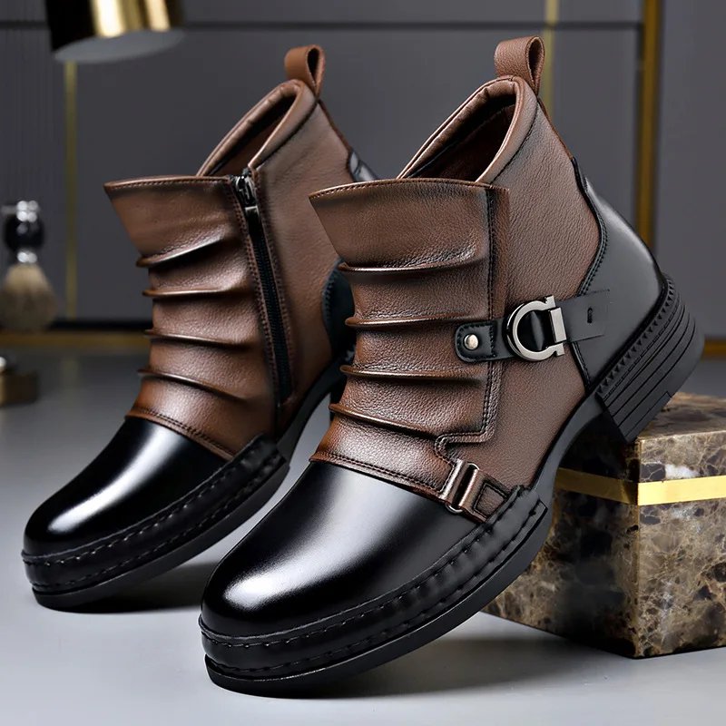 Men's Fashion Stage Nightclub Original Leather Boots Black Brown Shoes Brand Designer Cowboy Platform Boot Cool Ankle Botas Male