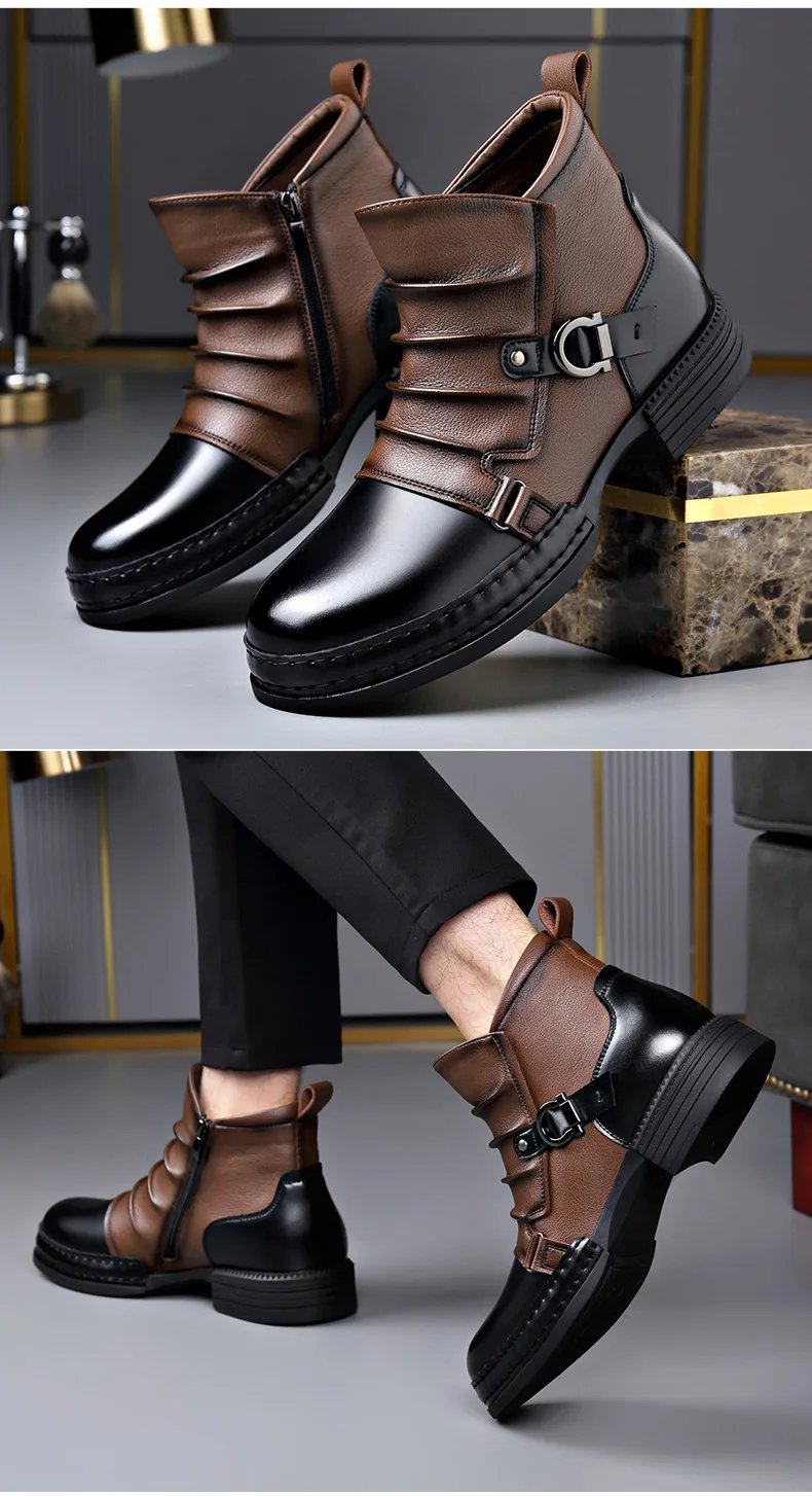 Men's Fashion Stage Nightclub Original Leather Boots Black Brown Shoes Brand Designer Cowboy Platform Boot Cool Ankle Botas Male Men's Fashion Stage Nightclub Original Leather Boots Black Brown Shoes Brand Designer Cowboy Platform Boot Cool Ankle Botas Male
