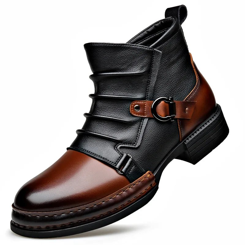 Men's Fashion Stage Nightclub Original Leather Boots Black Brown Shoes Brand Designer Cowboy Platform Boot Cool Ankle Botas Male