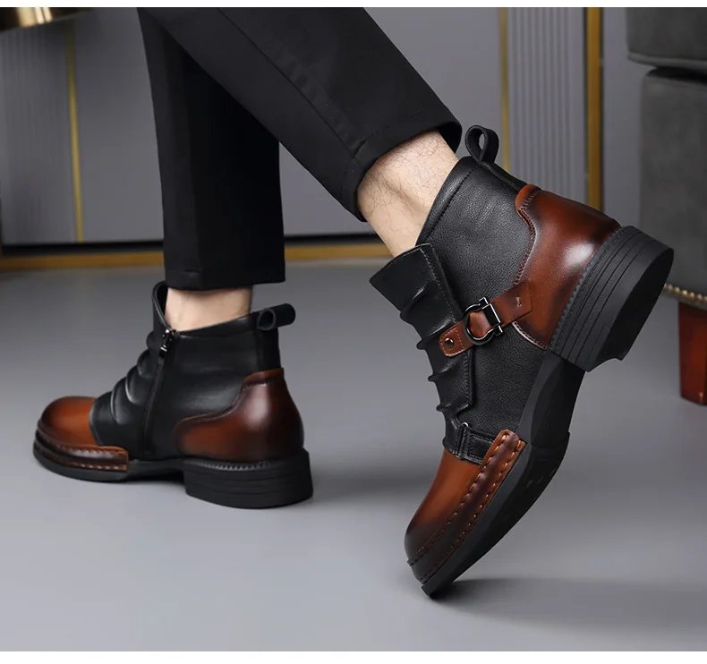 Men's Fashion Stage Nightclub Original Leather Boots Black Brown Shoes Brand Designer Cowboy Platform Boot Cool Ankle Botas Male Men's Fashion Stage Nightclub Original Leather Boots Black Brown Shoes Brand Designer Cowboy Platform Boot Cool Ankle Botas Male