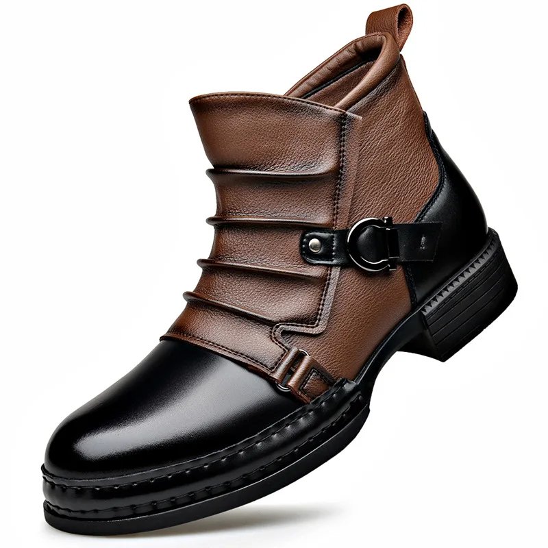 Men's Fashion Stage Nightclub Original Leather Boots Black Brown Shoes Brand Designer Cowboy Platform Boot Cool Ankle Botas Male