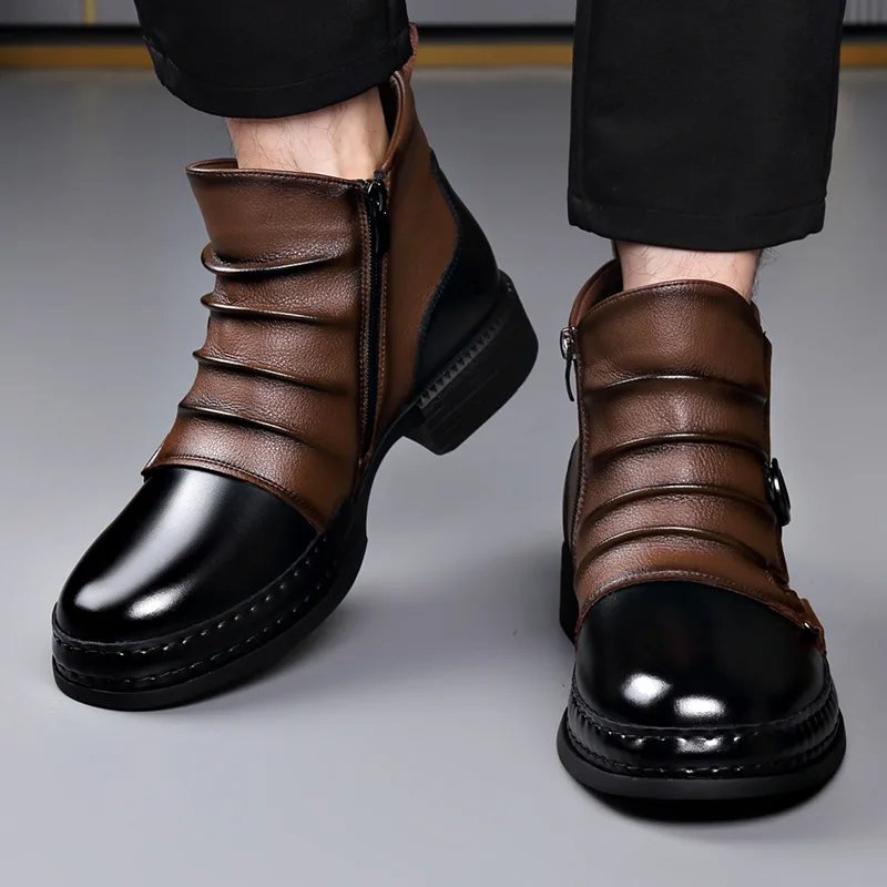 Men's Fashion Stage Nightclub Original Leather Boots Black Brown Shoes Brand Designer Cowboy Platform Boot Cool Ankle Botas Male