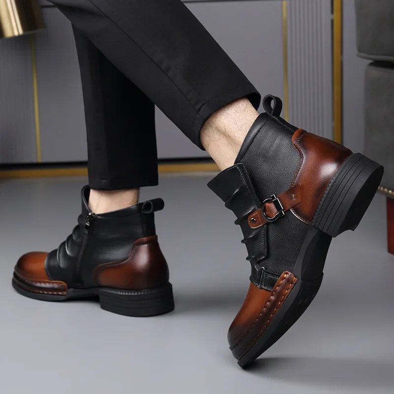 Men's Fashion Stage Nightclub Original Leather Boots Black Brown Shoes Brand Designer Cowboy Platform Boot Cool Ankle Botas Male