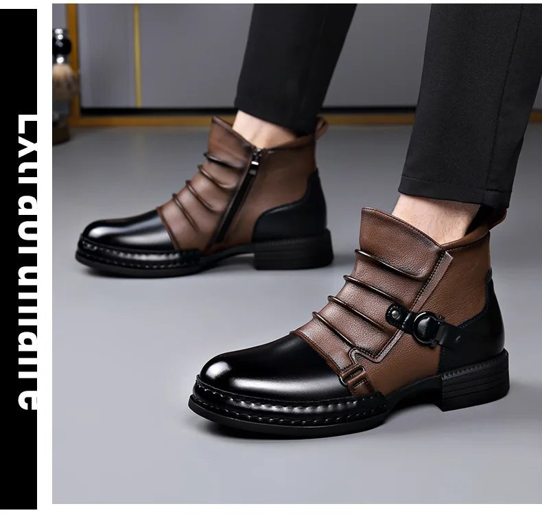 Men's Fashion Stage Nightclub Original Leather Boots Black Brown Shoes Brand Designer Cowboy Platform Boot Cool Ankle Botas Male Men's Fashion Stage Nightclub Original Leather Boots Black Brown Shoes Brand Designer Cowboy Platform Boot Cool Ankle Botas Male