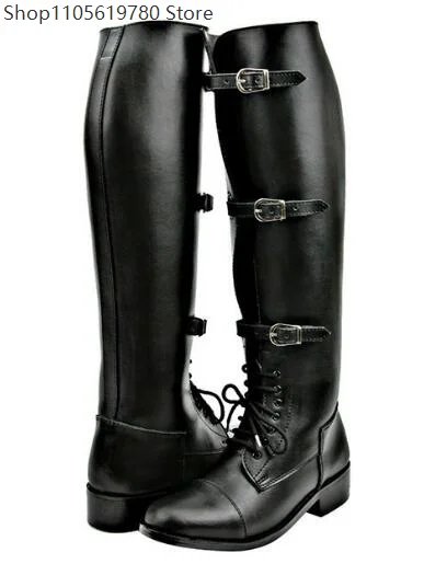 Men's Fashion Brown Black Coffee Solid Color Round Toe Belt Buckles Lace Up Flat Knee High Boots Male Cross Tied Motorcycle Shoe