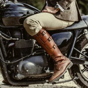 Menās Fashion Brown Black Coffee Solid Color Round Toe Belt Buckles Lace Up Flat Knee High Boots Male Cross Tied Motorcycle Shoe