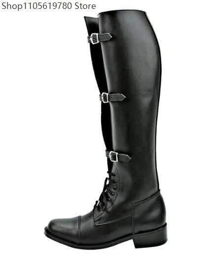 Men's Fashion Brown Black Coffee Solid Color Round Toe Belt Buckles Lace Up Flat Knee High Boots Male Cross Tied Motorcycle Shoe