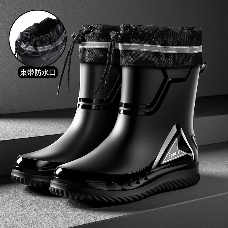 Rain Shoes Men's Medium Tube Non-slip Waterproof Shoes Outdoor Water Boots Thermal Short Tube Rubber Shoes Men