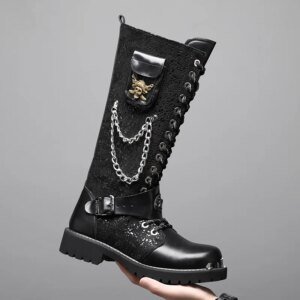 Menās Knee High Skull Motorcycle Boots Gothic Punk Cowboy Boots Round Toe Platform Chunky Sole Lace-Up Chain Decor Stage Shoes