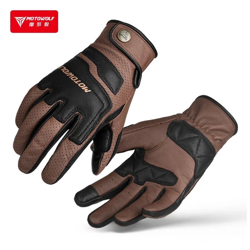 Motorcycle Motocross Riding Work Gloves Brown Retro Style Touchscreen Breathable Leather Glove Moto gear gp for Harley Adventure