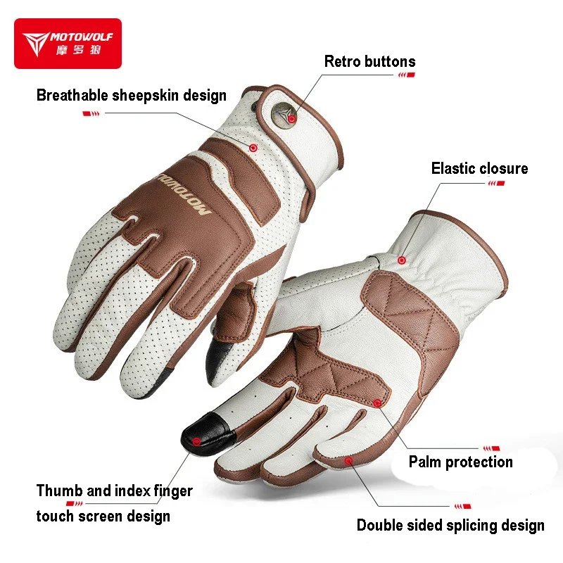 Motorcycle Motocross Riding Work Gloves Brown Retro Style Touchscreen Breathable Leather Glove Moto gear gp for Harley Adventure