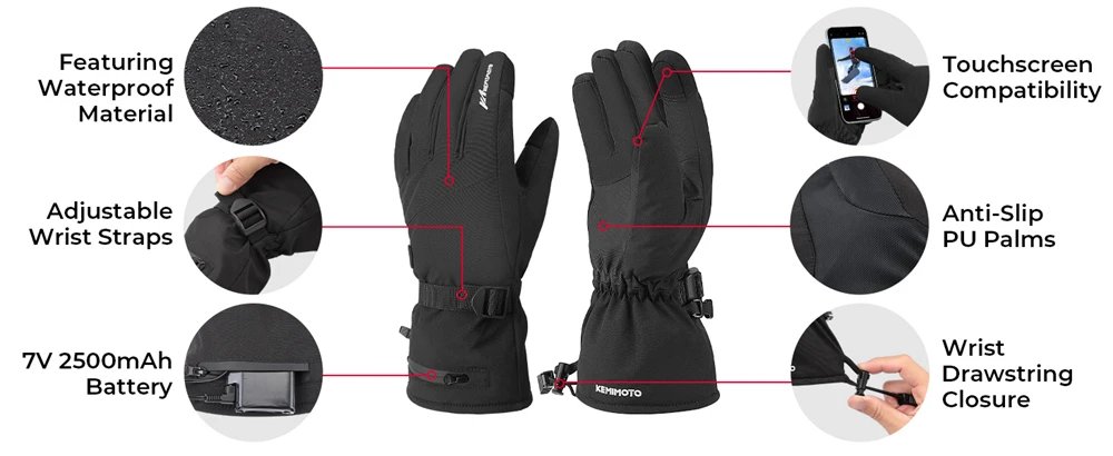 KEMIMOTO Skiing Gloves Heated Snowmobile Gloves Winter Scooter Moto Waterproof Touch Screen Rechargeable Battery Hunting Fishing