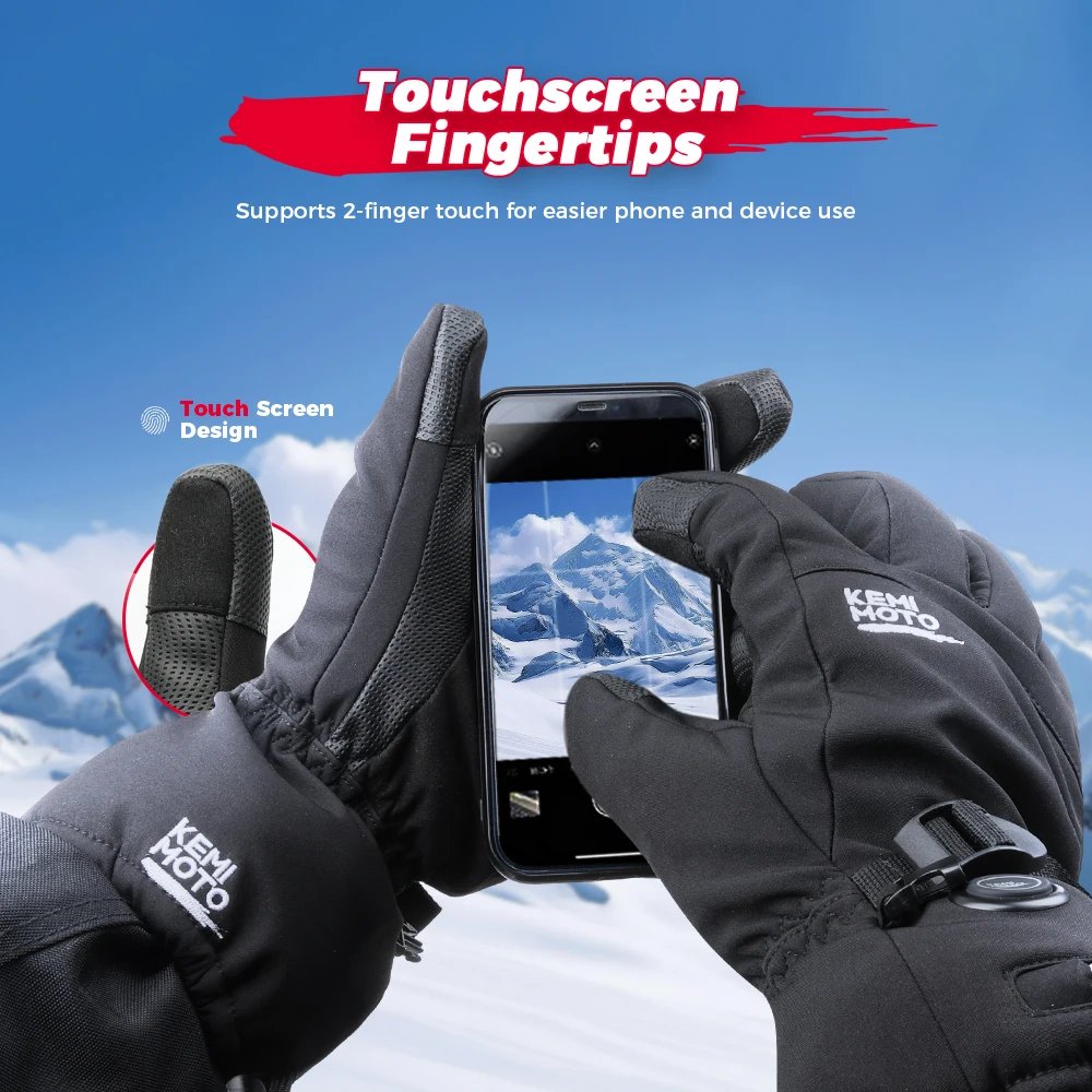 KEMIMOTO Skiing Gloves Heated Snowmobile Gloves Winter Scooter Moto Waterproof Touch Screen Rechargeable Battery Hunting Fishing