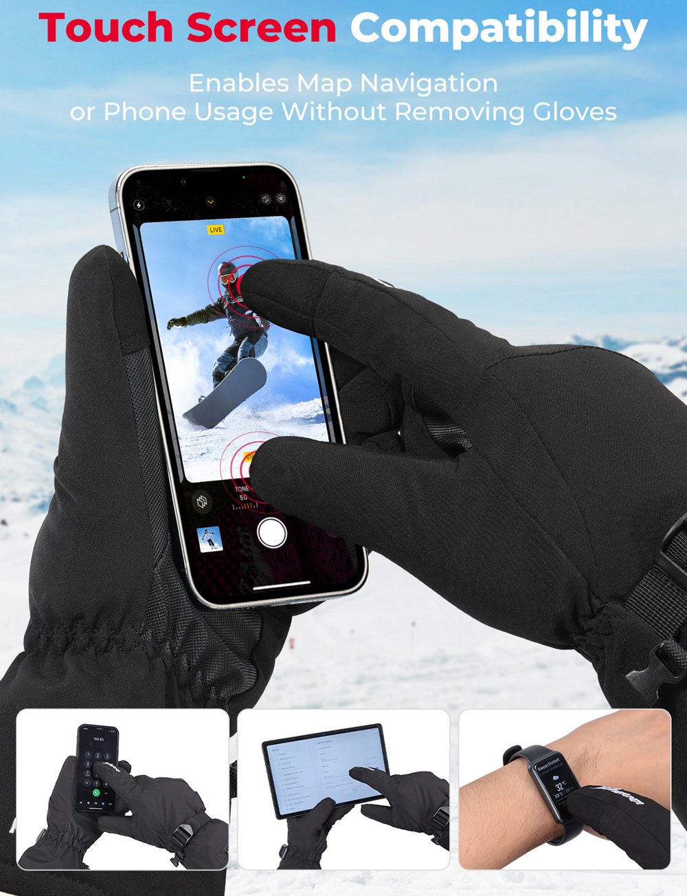 KEMIMOTO Skiing Gloves Heated Snowmobile Gloves Winter Scooter Moto Waterproof Touch Screen Rechargeable Battery Hunting Fishing