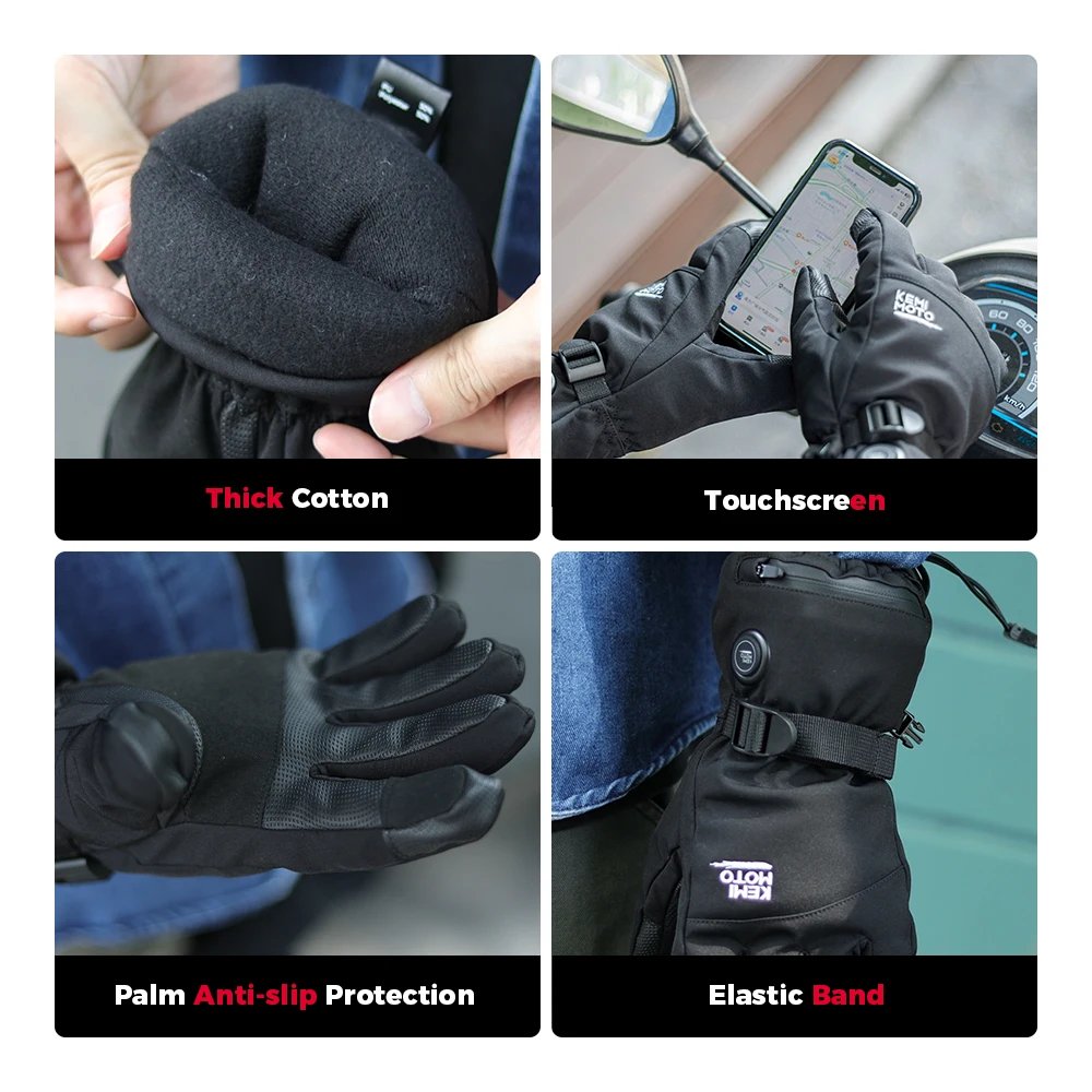 KEMIMOTO Skiing Gloves Heated Snowmobile Gloves Winter Scooter Moto Waterproof Touch Screen Rechargeable Battery Hunting Fishing