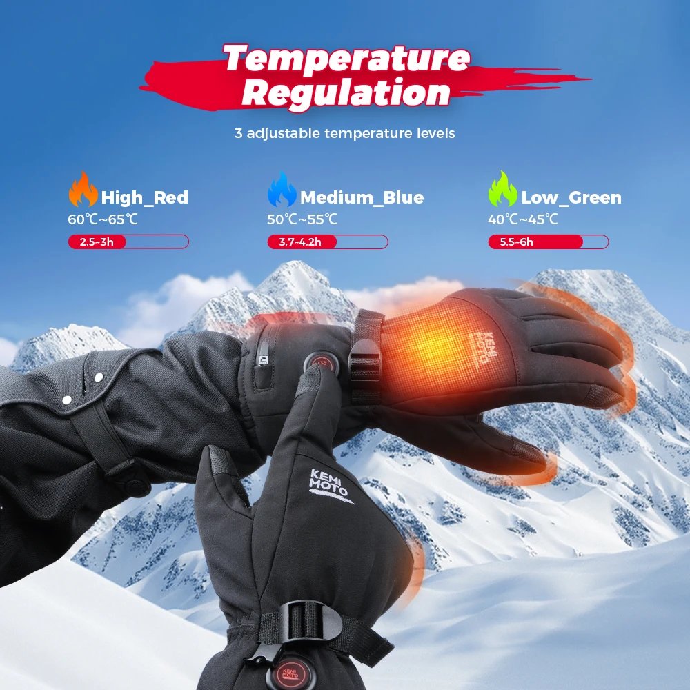 KEMIMOTO Skiing Gloves Heated Snowmobile Gloves Winter Scooter Moto Waterproof Touch Screen Rechargeable Battery Hunting Fishing