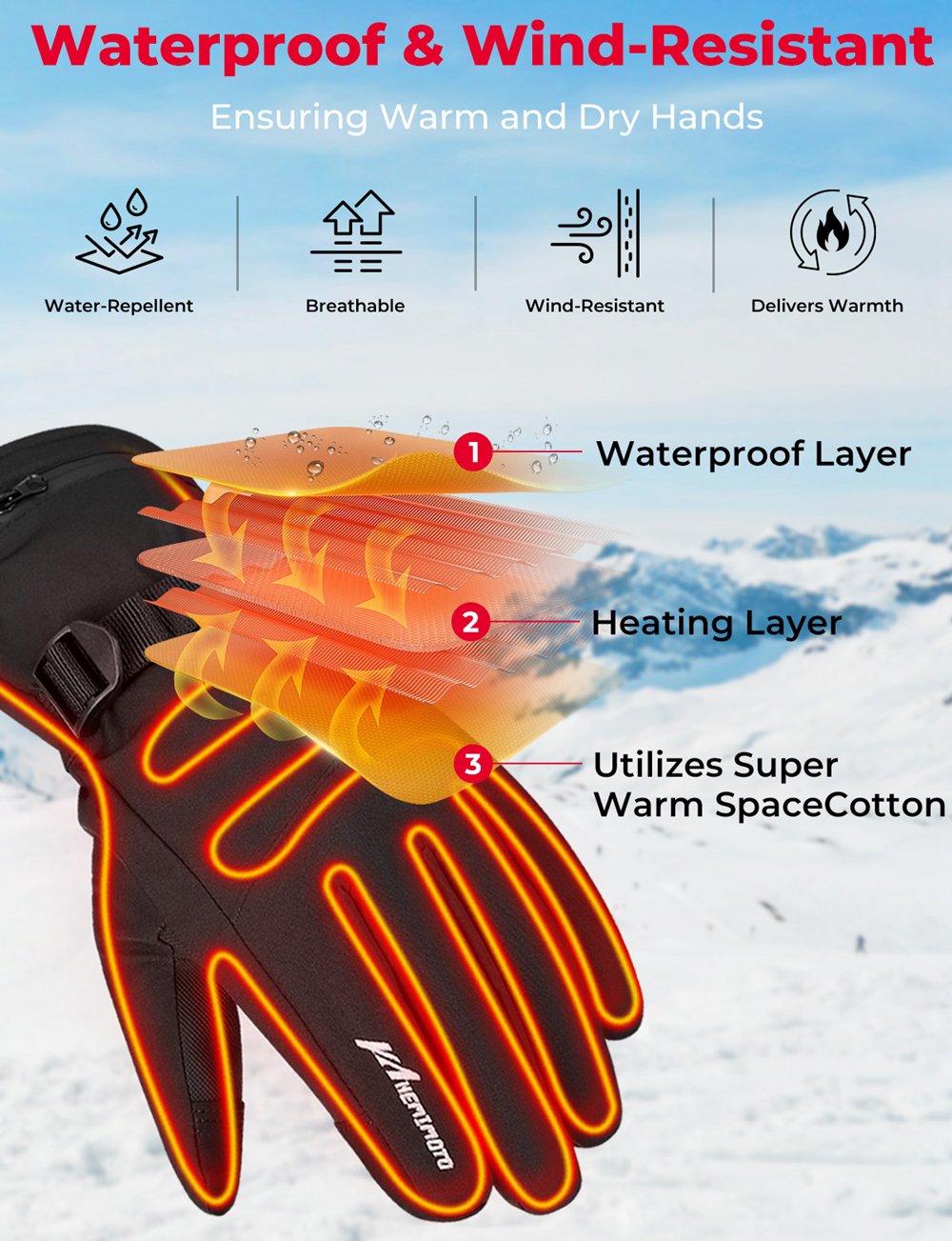 KEMIMOTO Skiing Gloves Heated Snowmobile Gloves Winter Scooter Moto Waterproof Touch Screen Rechargeable Battery Hunting Fishing