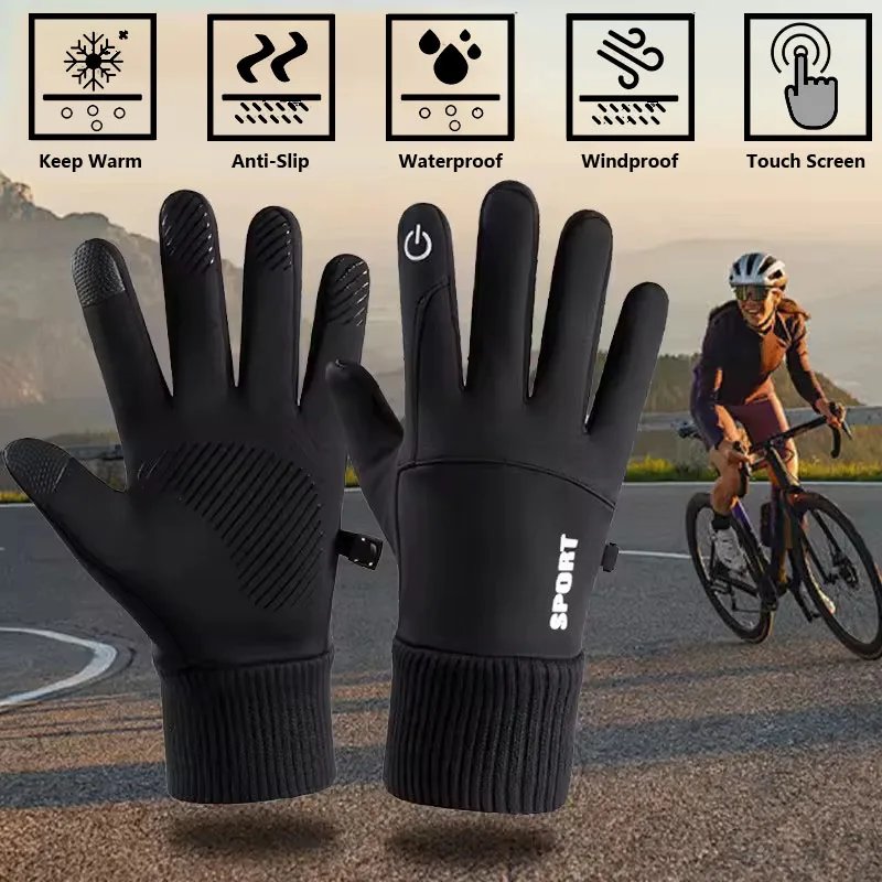 Black Winter Warm Full Fingers Waterproof Cycling Outdoor Sports Running Motorcycle Ski Touch Screen Fleece Gloves