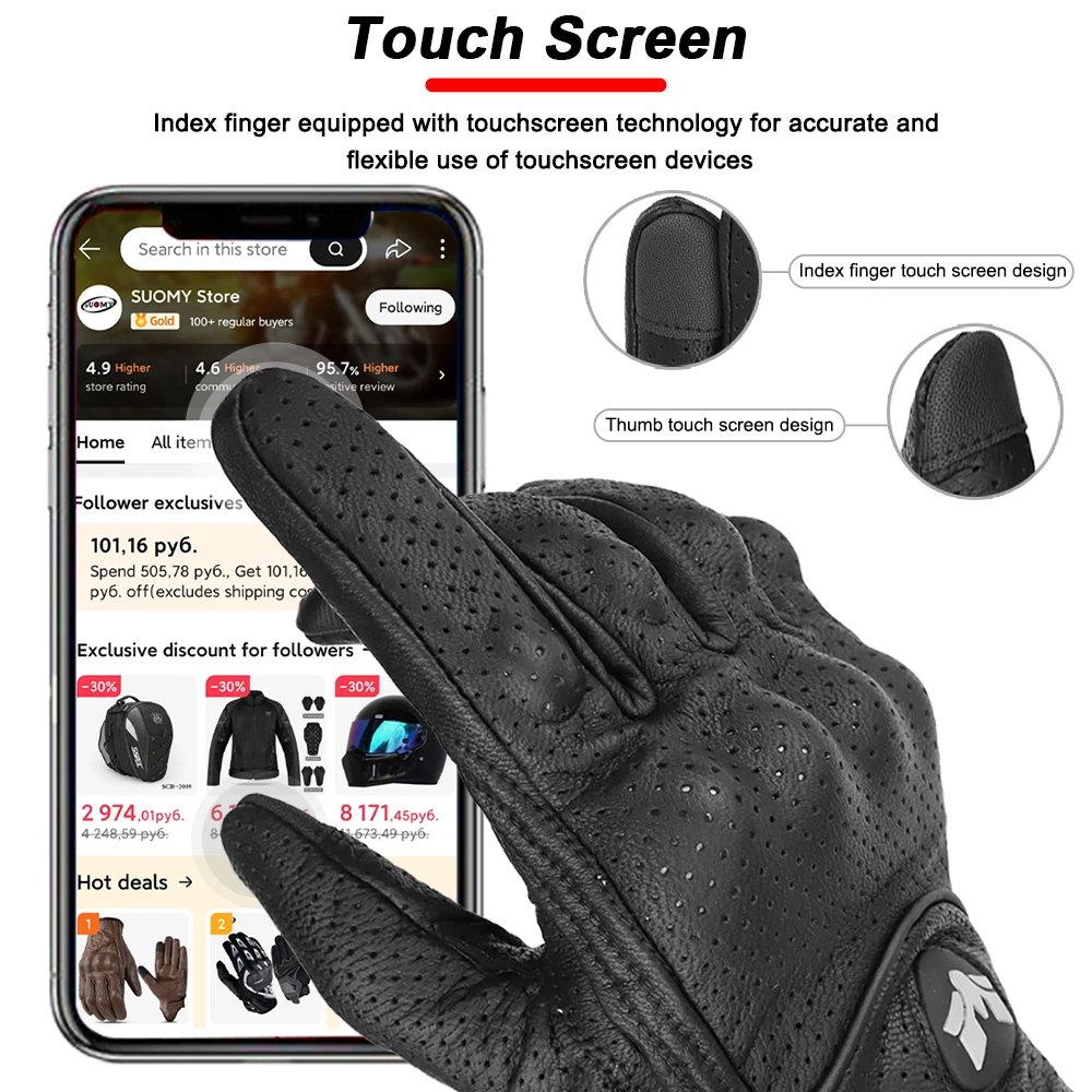 Retro Leather Motorcycle Gloves Men Touch Screen Motocross Glove Full Finger Motorbike Vintage Biker Moto Gloves Black M-XXL