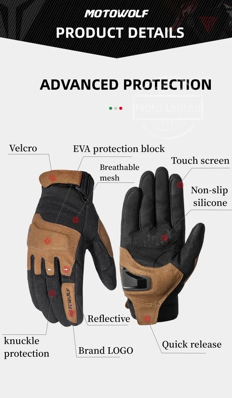 Motowolf Summer Mesh Motorcycle Gloves Men Women Breathable Anti-slip Full Finger Motorbike Racing Gloves Brown