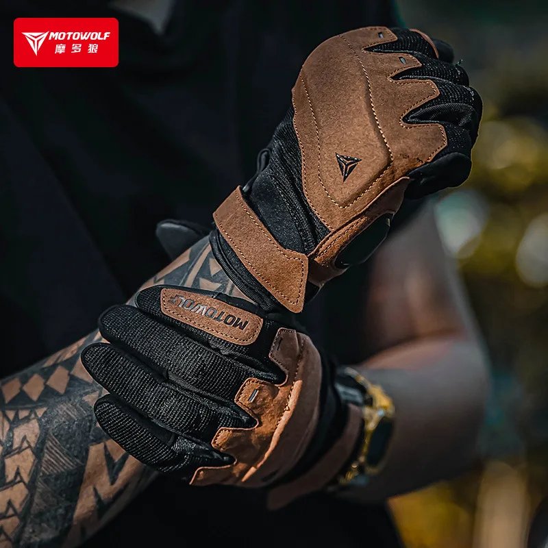 Motowolf Summer Mesh Motorcycle Gloves Men Women Breathable Anti-slip Full Finger Motorbike Racing Gloves Brown