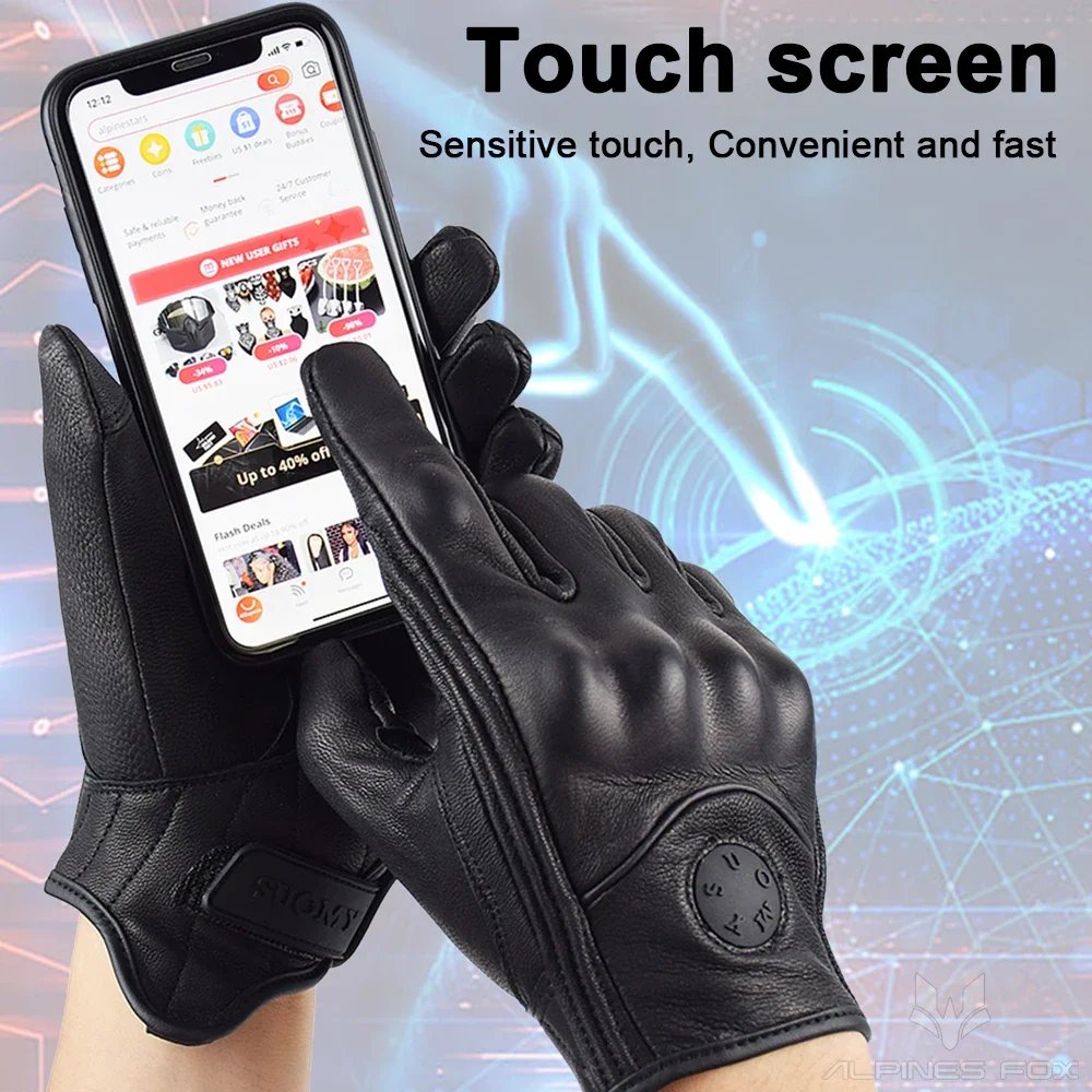 Leather Motorcycle Gloves Men Women Touch Screen Motorcyclist Riding Gloves Retro Breathable Motorbike Motocross Gloves Yellow