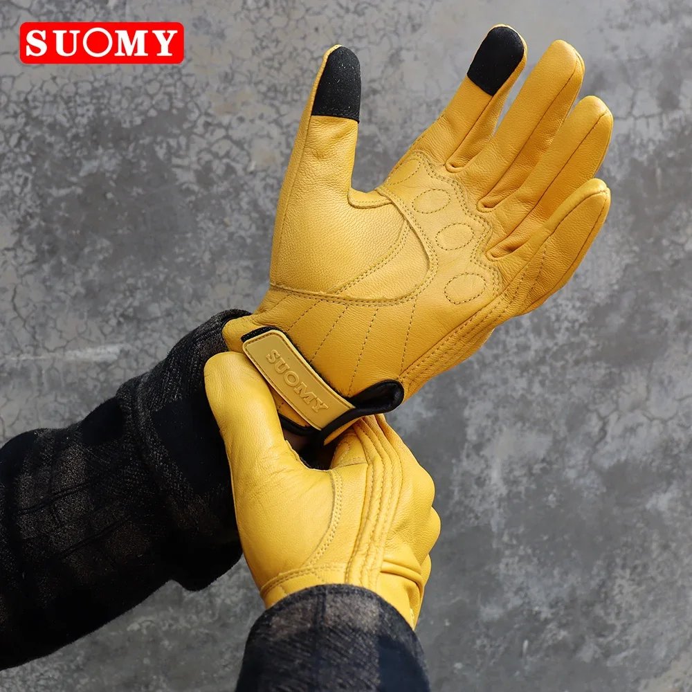 Leather Motorcycle Gloves Men Women Touch Screen Motorcyclist Riding Gloves Retro Breathable Motorbike Motocross Gloves Yellow