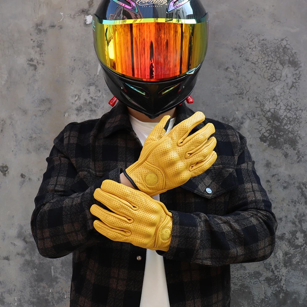 Leather Motorcycle Gloves Men Women Touch Screen Motorcyclist Riding Gloves Retro Breathable Motorbike Motocross Gloves Yellow Leather Motorcycle Gloves Men Women Touch Screen Motorcyclist Riding Gloves Retro Breathable Motorbike Motocross Gloves Yellow