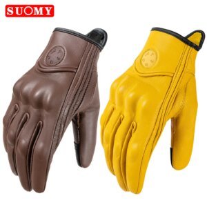 Leather Motorcycle Gloves Men Women Touch Screen Motorcyclist Riding Gloves Retro Breathable Motorbike Motocross Gloves Yellow