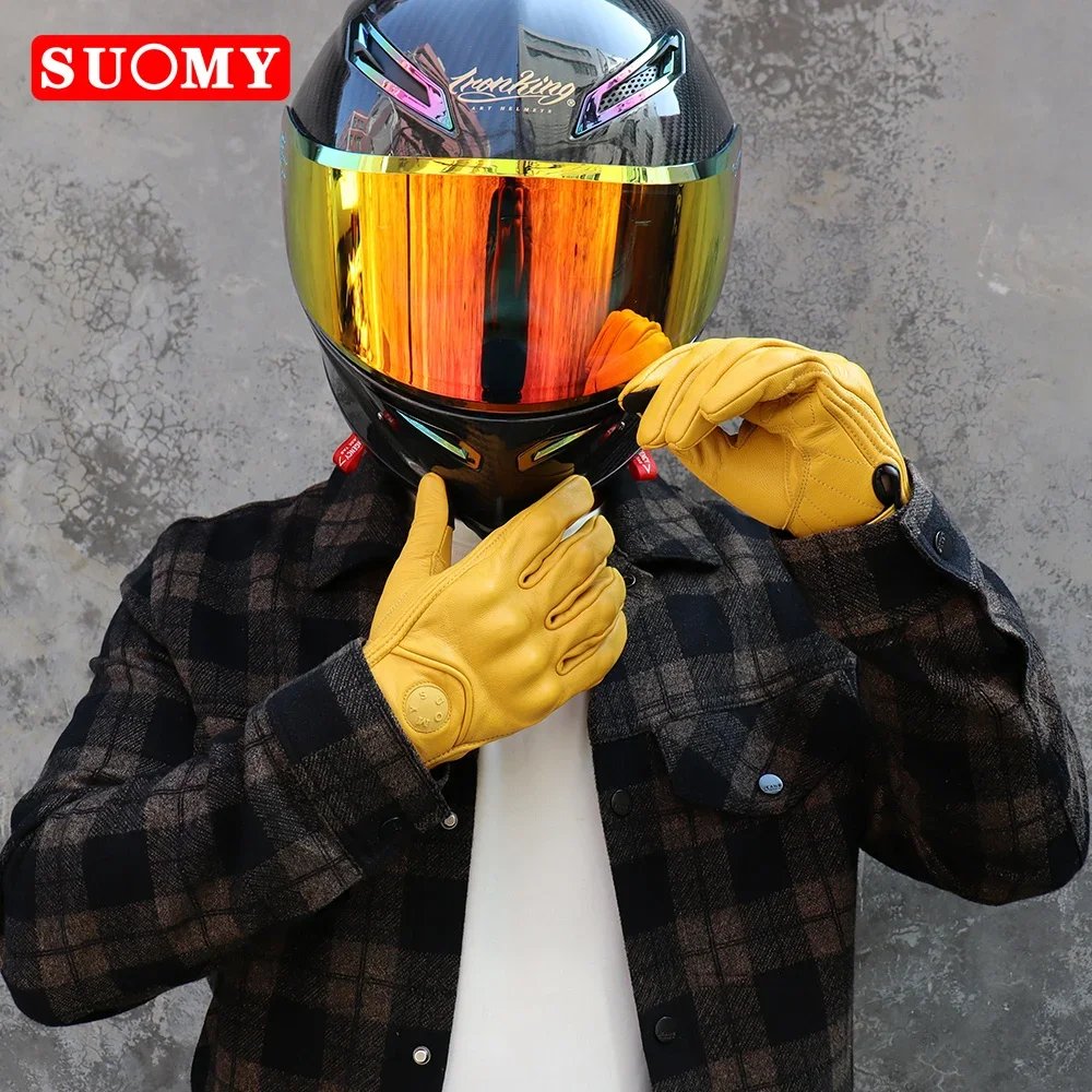 Leather Motorcycle Gloves Men Women Touch Screen Motorcyclist Riding Gloves Retro Breathable Motorbike Motocross Gloves Yellow