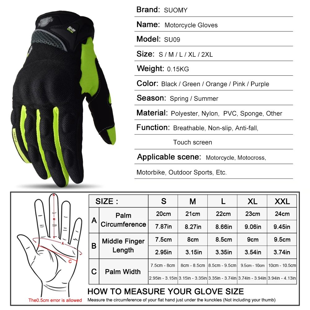 Suomy Motorcycle Gloves Touch Screen Breathable Racing Gloves Summer Mesh for Men Women Motard